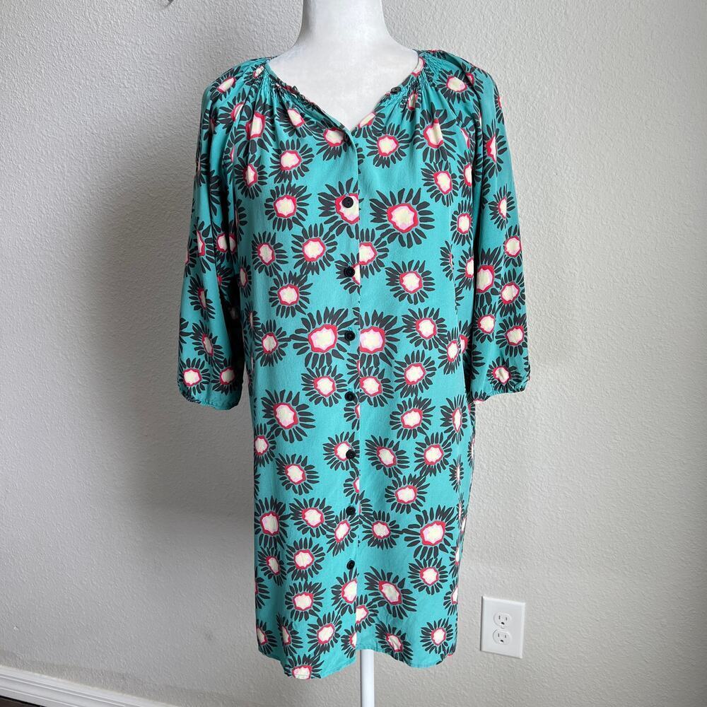 Tucker Silk Belted Shift Dress Women's M Green Print Button Front Modest Chic - Picture 3 of 9